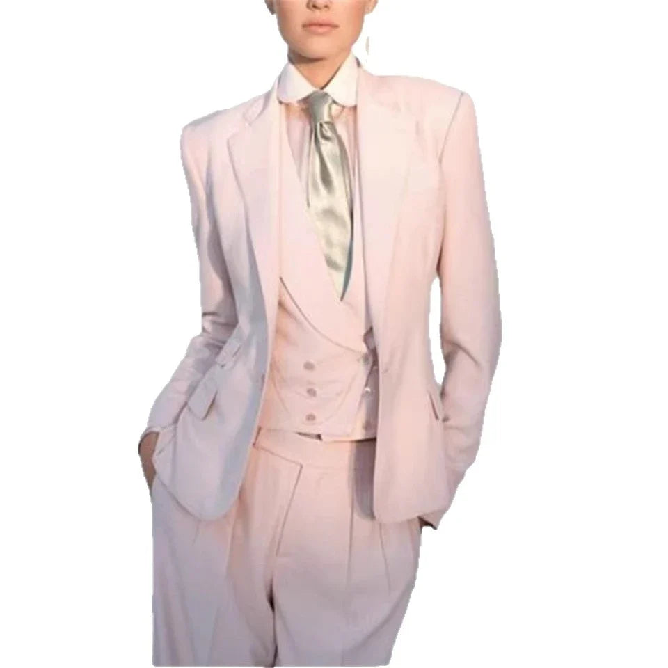 Office Ladies Pantsuits Pink Women Business Classic Single Buttons Flared Pants Blazer Vest Pants Three Piece Set Formal Suit