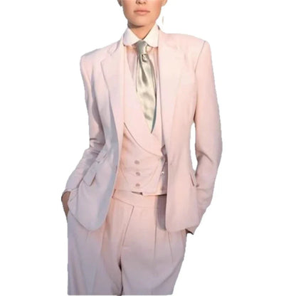 Office Ladies Pantsuits Pink Women Business Classic Single Buttons Flared Pants Blazer Vest Pants Three Piece Set Formal Suit