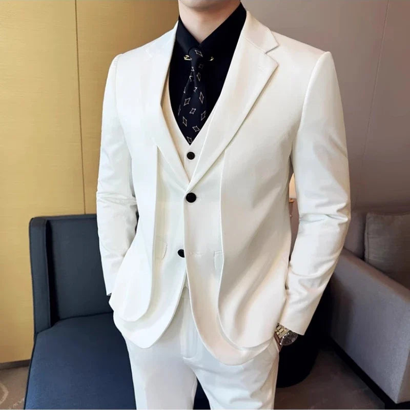 British Style Fake Two-piece Suit Set Men's Wedding Groom Dress 3 Piece Set Suit Vest Trousers Slim Office Business Casual Suits