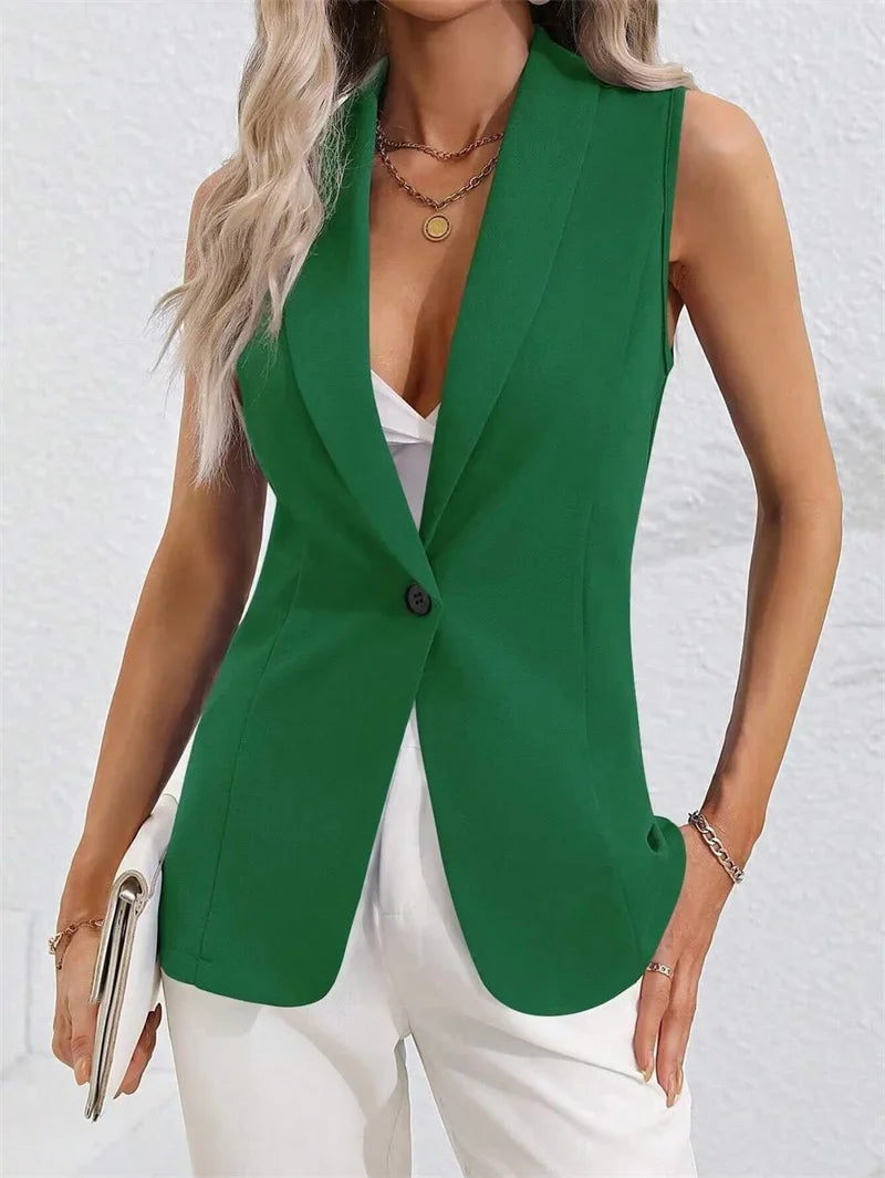 Vintage OL Jacket Casual Lapel Blazer Women One Button Suit Coats Fashion Sleeveless Office Vest 2025 Autumn Femme