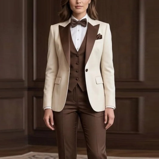 Dark Brown And White Formal Business Women Suit Wedding Party Prom Ladies Mother Tuxedos Costume 3 Piece Set Blazer Vest Pant
