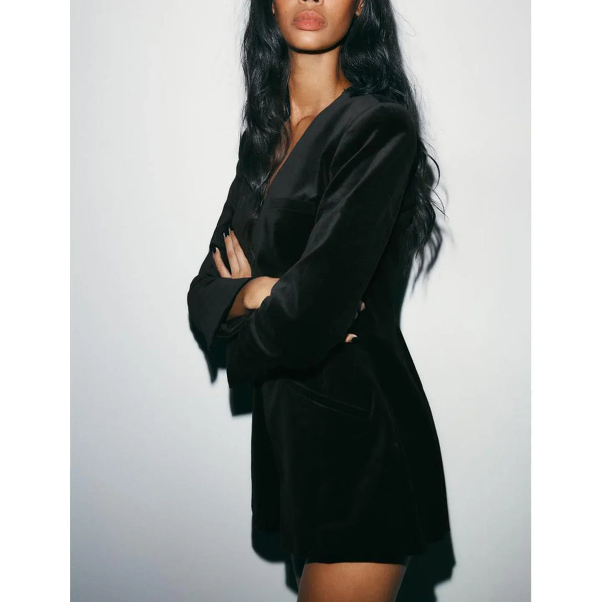 Silk Velvet Long Sleeve Suit Jacket Women's Business Wear Slim Fit Mid-Length Luxury Glossy Black Swan Velvet Outerwear
