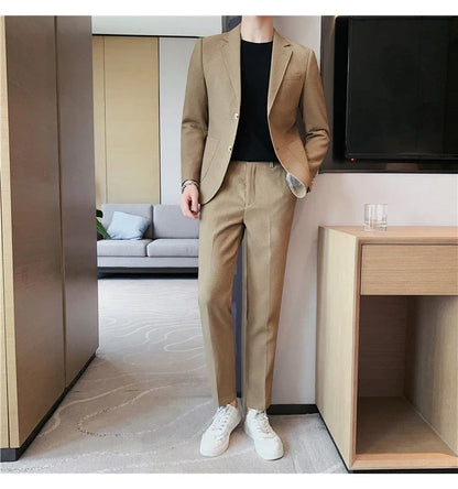 2025 New Waffle Blazers +Pant 2 Piece Set Men Fashion Business Slim Fit Solid Tuxedo Groom Wedding Prom Wear Casual Men's Sets