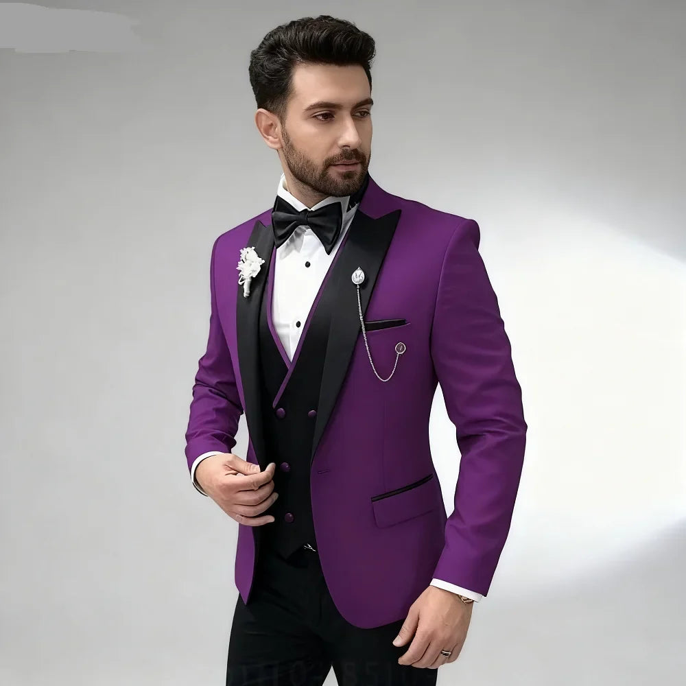 3 Piece Wedding Suits for Men Peak Lapel Single Breasted Tuxedo Jacket Vest Pant Groom Business Fashion Party Set