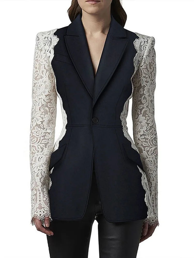 Autumn New Women Tide Chic Elegant Fashion Single Button Patchwork Lace Contrast Color Waist Cinching Pocket Blazer  HK7609