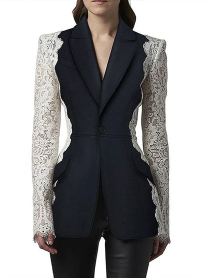 Autumn New Women Tide Chic Elegant Fashion Single Button Patchwork Lace Contrast Color Waist Cinching Pocket Blazer  HK7609