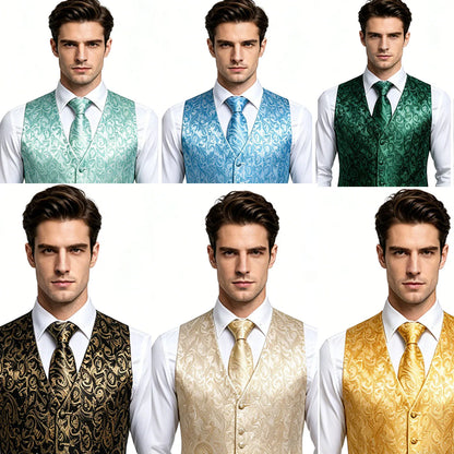 Men's Suit Vest with Matching Tie | Jacquard Paisley Waistcoat for Weddings & Formal Events