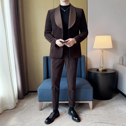 British Style PU Patchwork Suit for Men Casual Business Wedding Suits 2 Pieces Set (jacket+pant) Office Work Party Prom Suit