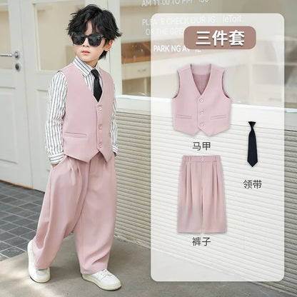School Boys Double Breasted Blazer Suit Set with Wide Leg Pants Formal Streetwear Outfit for Kids Toddlers Wedding Birthday Part