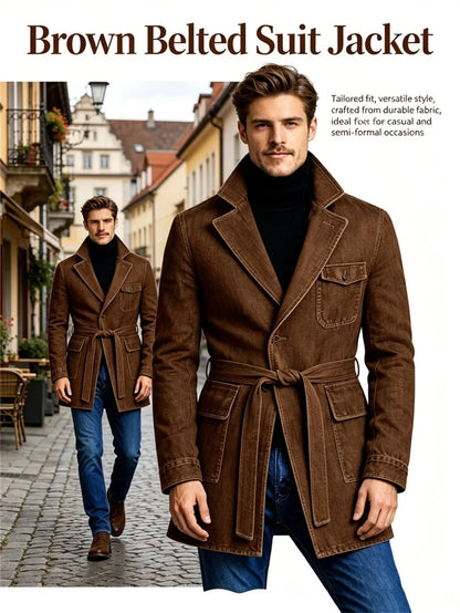 Men's Vintage Mid Length Belted Denim Trench Coat Notched Lapel Casual Workwear Outerwear Stylish Daily Streetwear Jacket