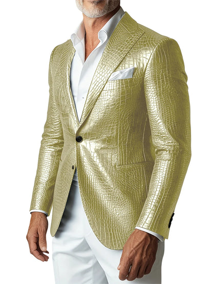 Men's Crocodile PU Leather Blazer Jacket Vintage Single Breasted Suit Coat Fashion Party Wedding Business Casual Outerwear