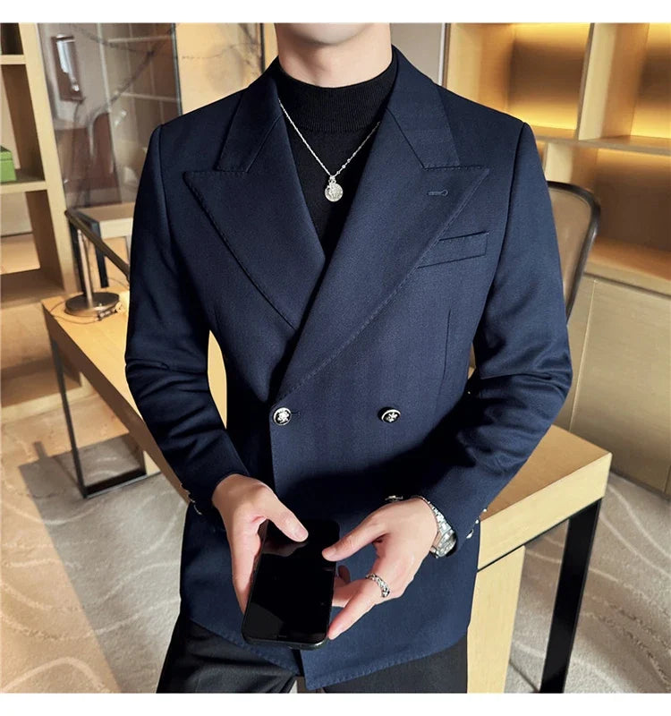 Autumn Winter Thickened Woolen Suit Jacket Men Double-breasted Casual Business Blazers Slim Fit Wedding Social Dress Coat M-4XL