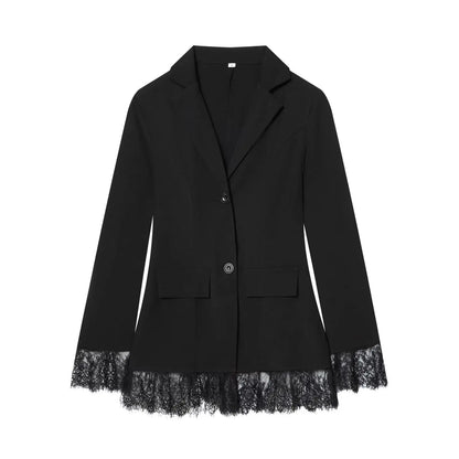 Woman Early Spring Fashion Long Sleeves Single Breasted Lace Patchwork Decoration Blazer Female Casual Slim Commuting Coat