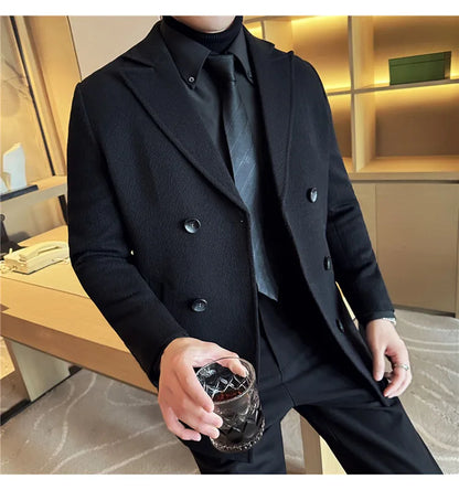 British Style Winter Double Breasted Woolen Suit Jackets Men Thick Warm Wedding Business Blazers Solid Color Casual Dress Coat