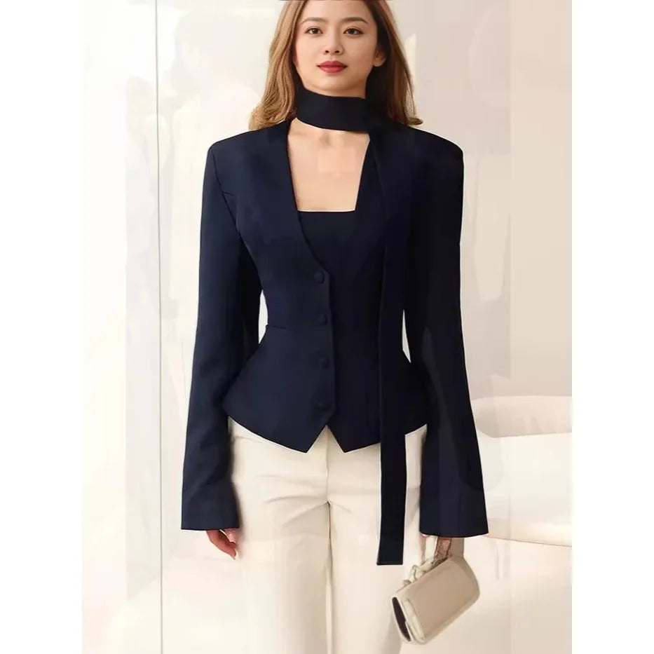 Fashionable Pure Color V-Neck Scarf Decorated Long Sleeve Casual Small Western Style Coat Top Women's Spring Summer Autumn