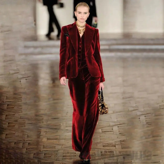 Women's Burgundy Velvet Three Piece Suit Luxury Formal Blazer Vest Wide Leg Pants Set Fashion Daily Casual Party Evening Wear