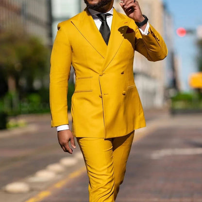 Men Suit Yellow 2 Pieces Double Breasted Solid With Lapel For Wedding Groom Banquet Party Prom Business Work Office Jacket Pants