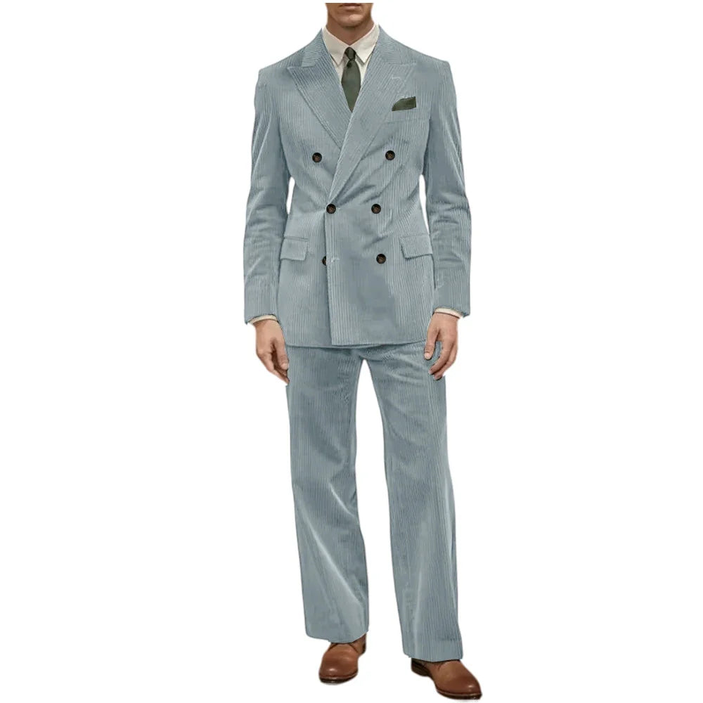 Men's Corduroy Suit 2 Piece Retro Double Breasted Peak Lapel Blazer Straight Leg Pants Formal Set Business Casual Wedding Party