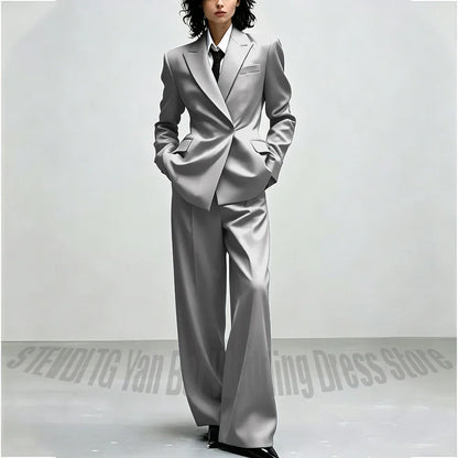Casual Women Suit Trendy Solid Black Long Sleeve Lapel Straight Fashion Jacket Pants All-Match Shopping Street Style Daily Wear