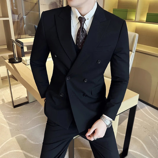 Men's Double Breasted Suit Set – Slim Fit Blazer, Vest & Pants for Wedding & Business