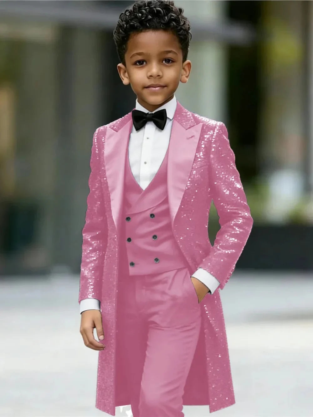 New Boys Sequined Long Jacket Suit Set 3 Pieces Formal Party Wear Handsome Chic Peak Lapel Kids Tuxedo For Birthday 2-20T