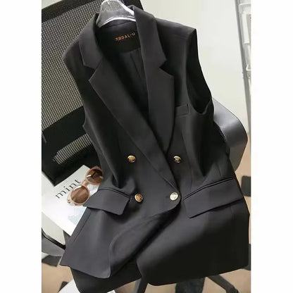Fashion Leisure Double Breasted Buckle Suit Vest Jacket Women 2025 Spring Summer Lapel Shoulder Blazer Sleeveless Waistcoat Coat