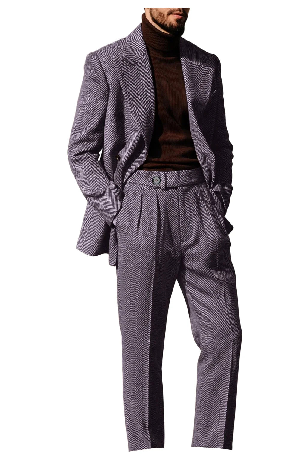 Men's Herringbone Suit 2-Piece Set – Double Breasted Blazer & Trousers for Wedding & Business