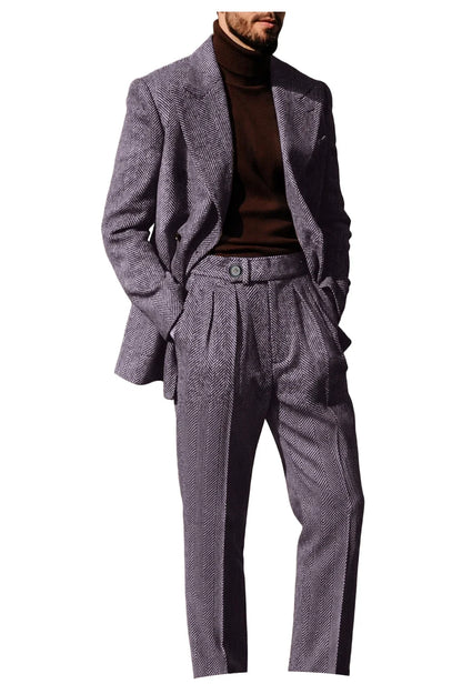 Men's Herringbone Suit 2-Piece Set – Double Breasted Blazer & Trousers for Wedding & Business