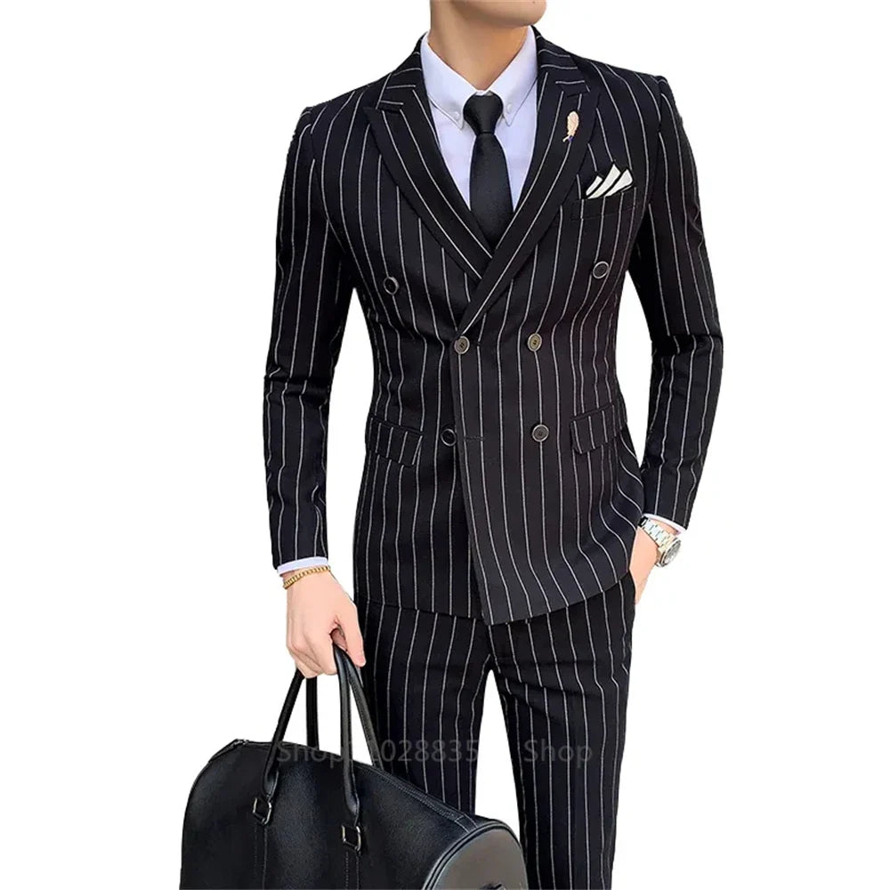 2 Pieces Stripe Fit Business Korean Edition Vertical Double Breasted Suit Men's Suit Homme Slim Wedding Banquet Set of
