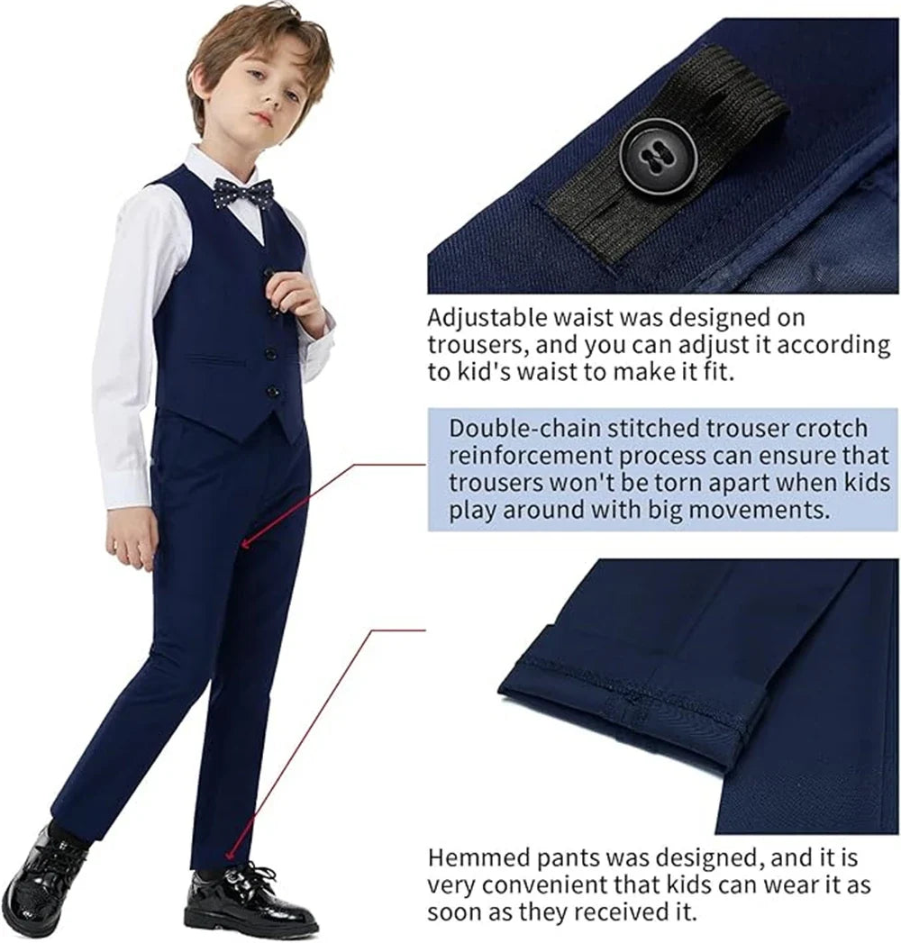 Boys Suit Set 4-Piece Formal Tuxedo with Adjustable Waist for Kids Weddings and Events