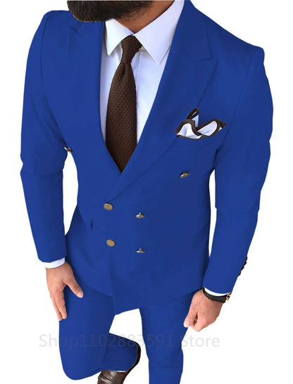 New Solid Men's Suit 2 Pieces Double-breasted Peak Lapel Slim Fit Casual Tuxedos For Wedding/Business 2 Piece Blazer+Pant