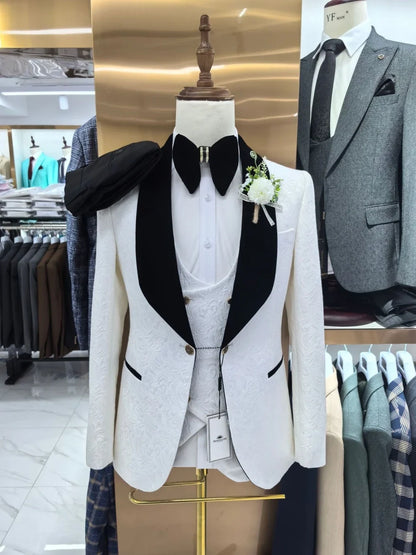 Classy Jacquard Slim Fit Suit Set For Men Birthday Party Prom Luxurious Customized Men's Suits 3 Pieces Wedding Groom Tuxedo