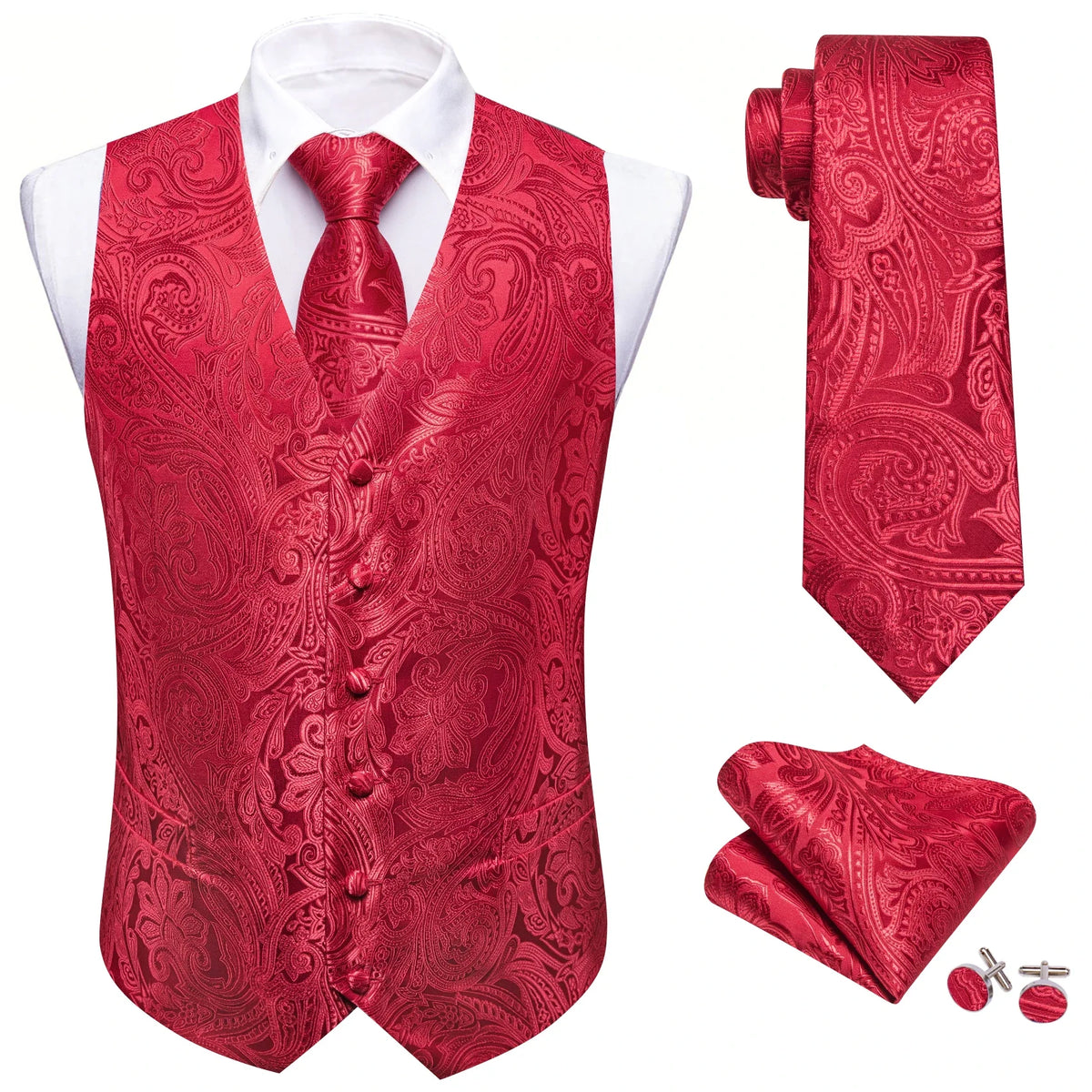 Men's Jacquard Waistcoat 4-Piece Set with Necktie Pocket Square and Cufflinks for Wedding and Formal Occasions