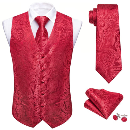 Men's Jacquard Waistcoat 4-Piece Set with Necktie Pocket Square and Cufflinks for Wedding and Formal Occasions