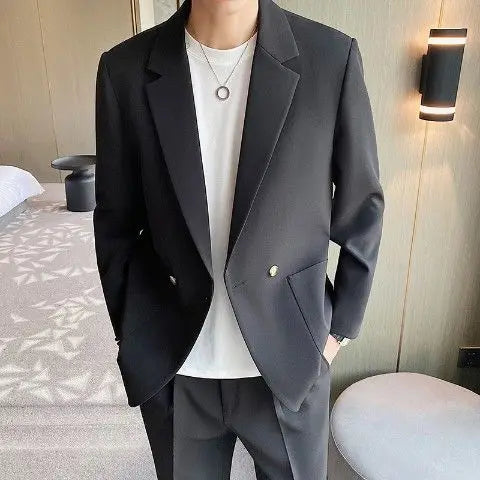 Men's Spring Autumn Casual Blazer Set Korean Slim Fit Lightweight Loose Smart Chic Suit Jacket Fashion Trendy Top