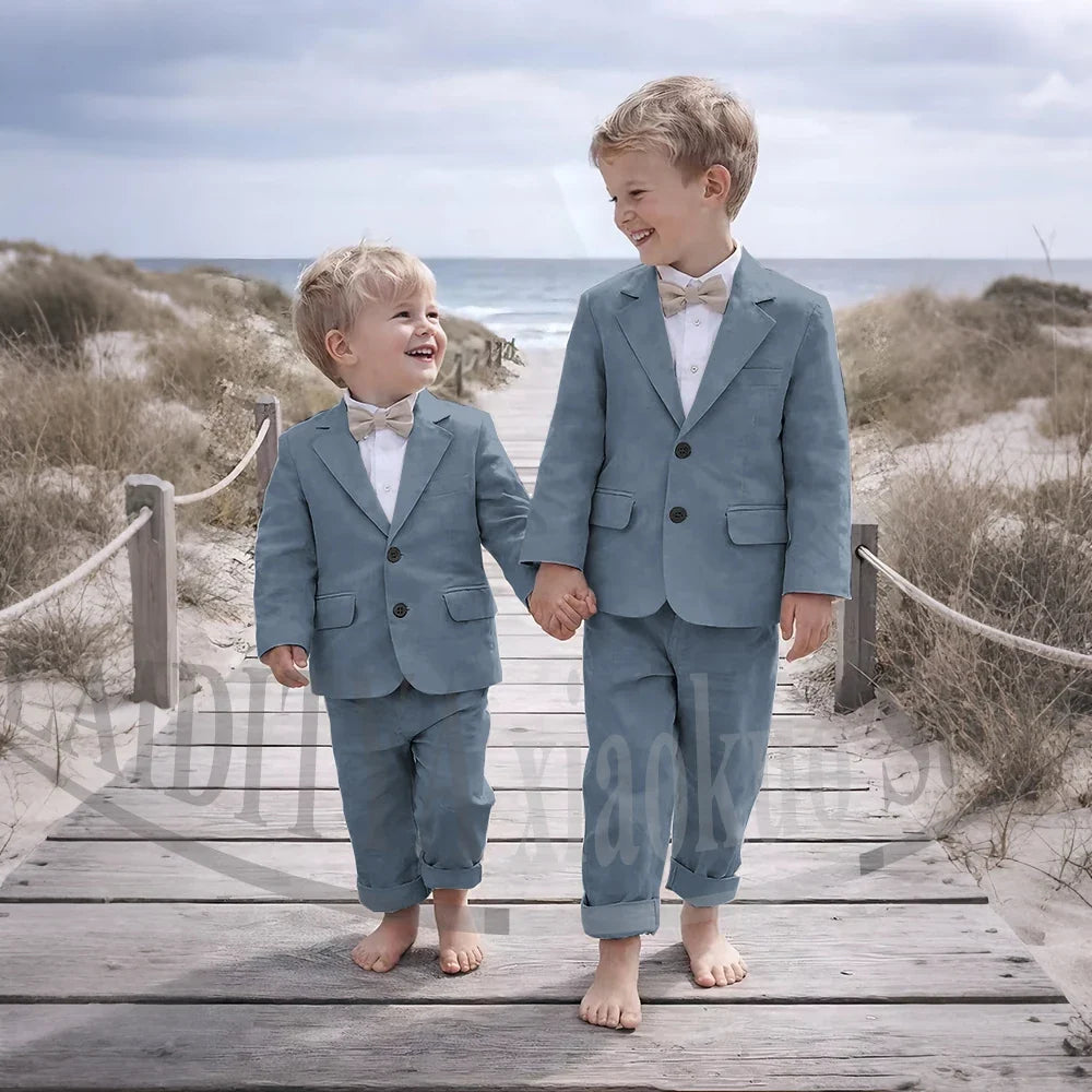Beige Linen 2 Pieces Boys Suit Jacket Pants Kids Ring Bearer Outfit Breathable Summer Beach Wedding Birthday Party Costume