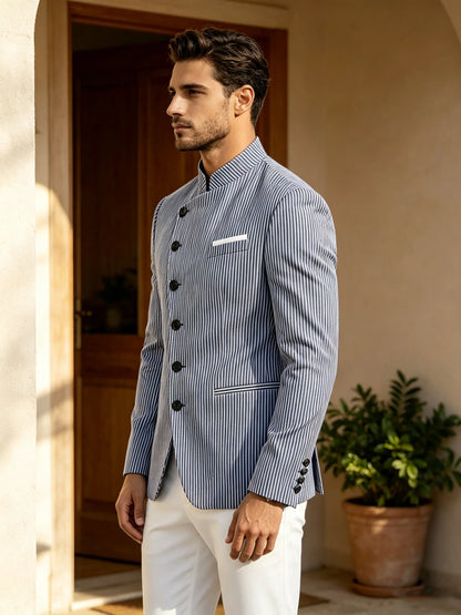 Men Mandarin Collar Suit Jacket Stand Collar Asymmetrical Single Breasted Men Blazer Slim Fit Business Formal Coat For Business
