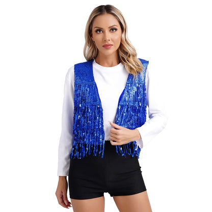 Women's Fringe Vest Clubwear Jazz Modern Dance Waistcoat Glitter Tassel Sleeveless Jacket Sequins Vests Music Festival Costumes