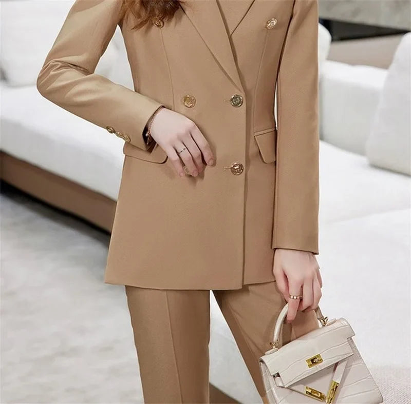 2025 Button Decoration Formal Jacket Blazer and Trouser 2 Piece Set Fashion Pink Green Black Ladies Work Wear Pant Suit Women