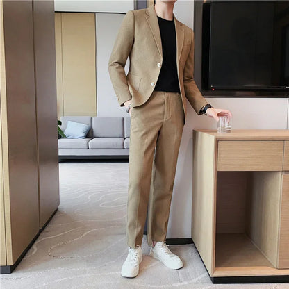 2025 New Waffle Blazers +Pant 2 Piece Set Men Fashion Business Slim Fit Solid Tuxedo Groom Wedding Prom Wear Casual Men's Sets