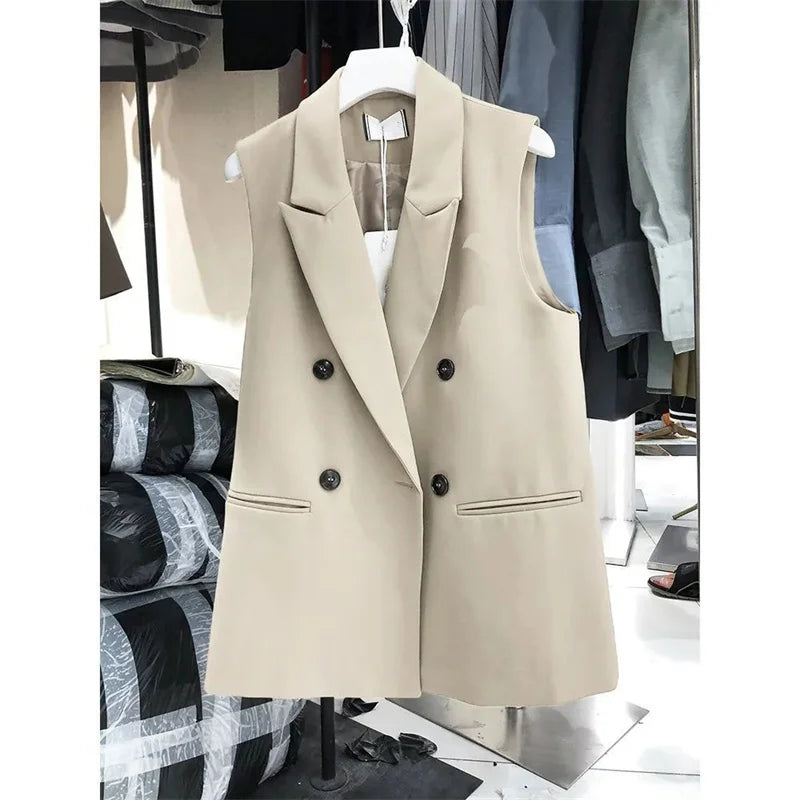 New Korean Women Loose Black Vest Suit Jacket Female Spring Autumn Leisure Solid Color Sleeveless Waistcoat Cardigan Vest Coat