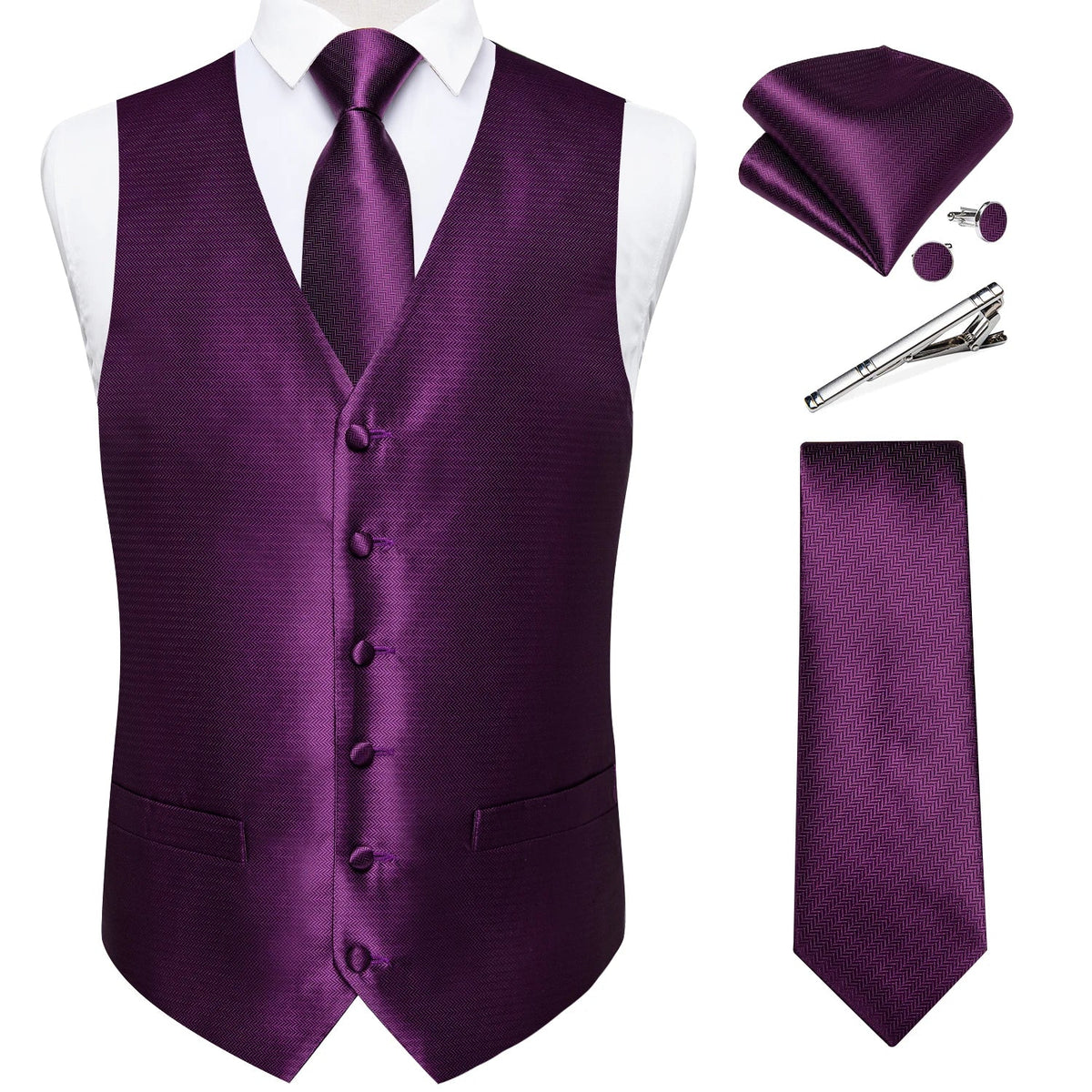 Men's Suit Vest Set with Tie, Handkerchief & Cufflinks for Wedding & Banquet