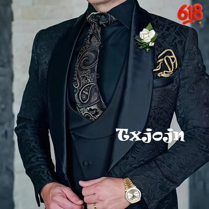 Exquisite jacquard Men's 3-piece Suits Wedding Groom Sets Handsome Shawl Lapel Suit Set Dancing Wear Formal Tuxedo For Business