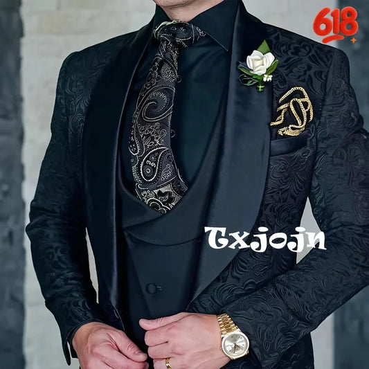 Exquisite jacquard Men's 3-piece Suits Wedding Groom Sets Handsome Shawl Lapel Suit Set Dancing Wear Formal Tuxedo For Business