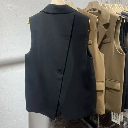Vintage Sleeveless Suit Vest Fashion Casual Lapel Suit Waistcoat 2025 Summer Women Office Double Breasted Split Back Outwear