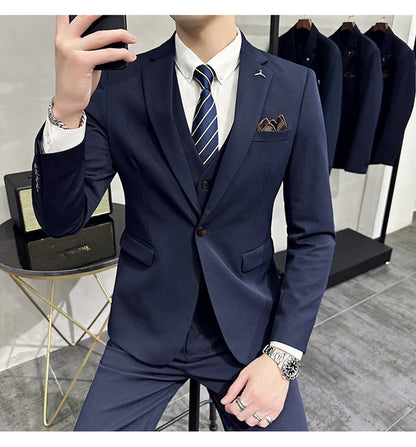 2025 Men's Wedding Suit Vest Trousers Set Fashionable Handsome Solid Color Groom's Three-Piece Outfit Available in Sizes M-7XL