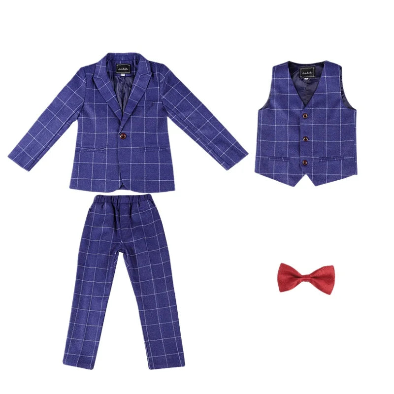 Boys 4Pieces Blue Plaid Suit Set With Jacket Vest Pants Bowtie Kids Formal Wedding Birthday Performance Photography Outfit