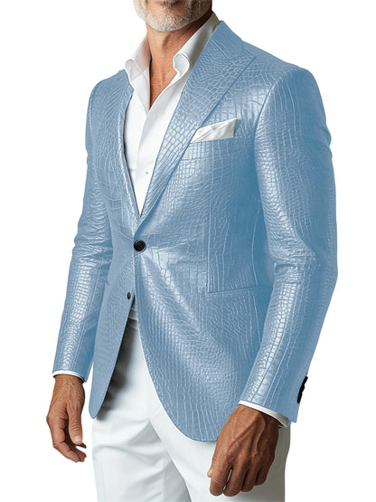 Men's Crocodile PU Leather Blazer Jacket Vintage Single Breasted Suit Coat Fashion Party Wedding Business Casual Outerwear