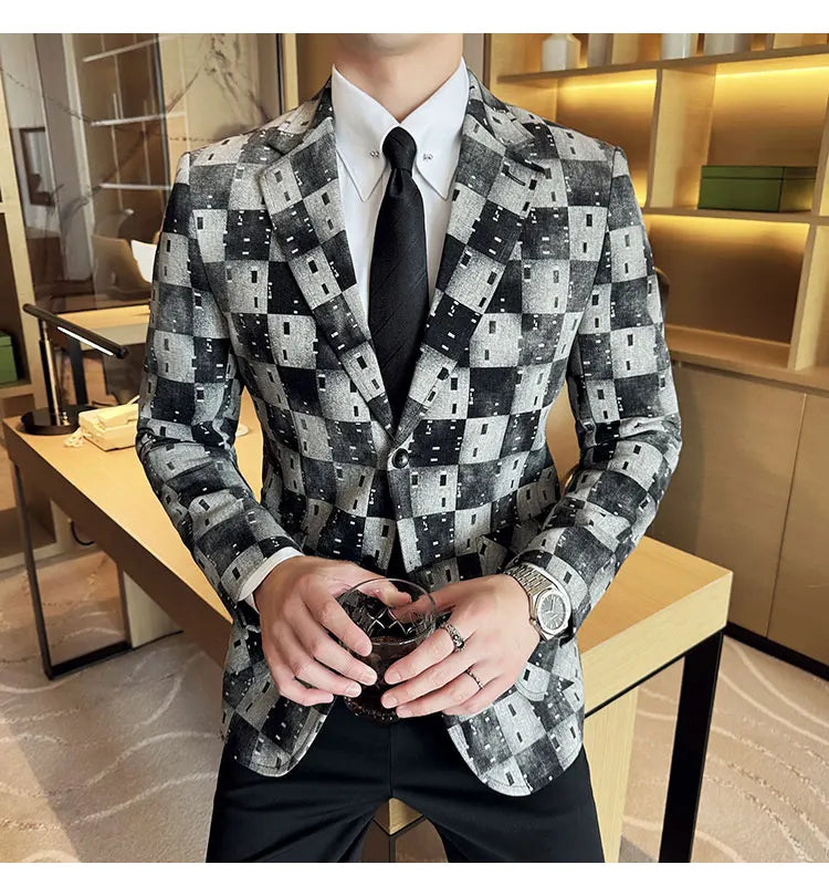 Korean Jacquard Denim Jacket for Men Autumn Winter Casual Business Men Blazers Slim Fit Wedding Social Dress Coat Men Clothing