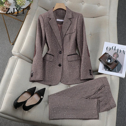 Elegant Vintage Blazer Pants Set for Woman 2 Pieces Matching Sets Autumn 2026 Office Lady Jacket and Trousers Suit Brown